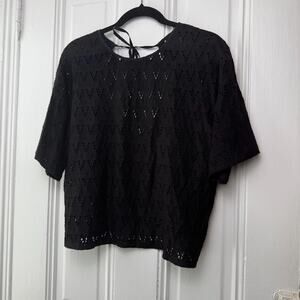 Black Eyelet Top Womens Large Cropped Short Sleeve Open Back Cottage Romantic